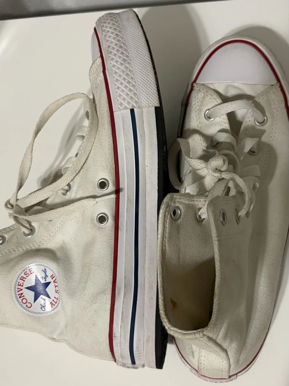 Converse White Kids High-Top Sneakers with Red & Blue Trim